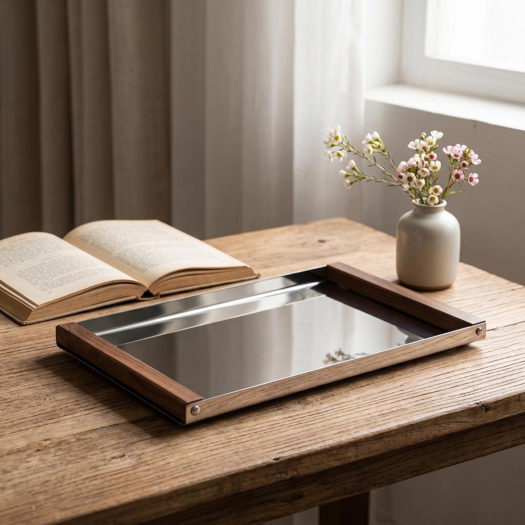 Stainless Steel Tray with Wood Handles Rectangular Serving for Hosts, Coffee