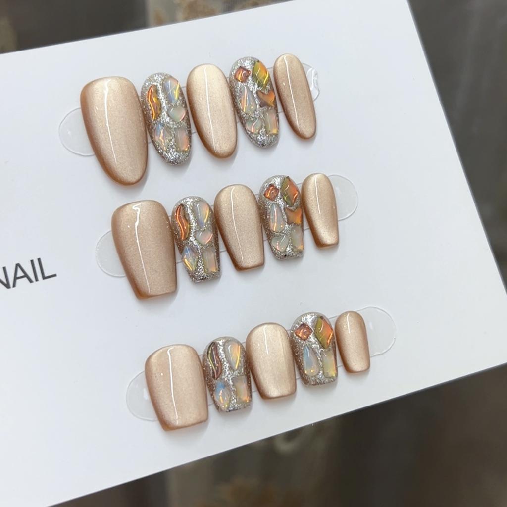 Pure Hand-made Phototherapy Wear Nail Tablets Milk Tea Cat Eye Wear Nail Finished Product Reusable Nail Art