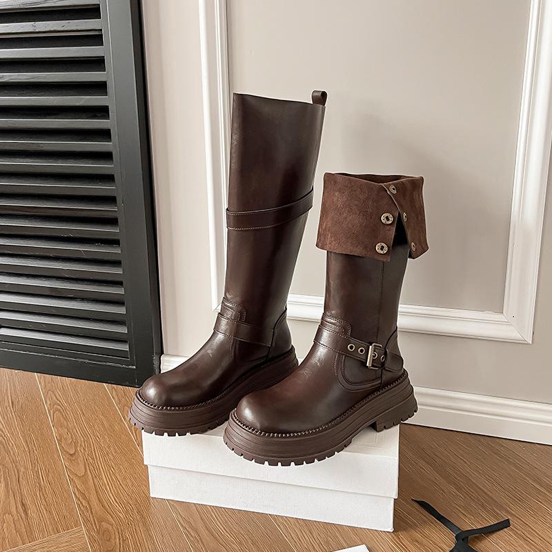 

Retro but knee-high boots, children s autumn and winter new British thick-soled heightening belt buckle two wear thin Martin boots 40 коричневый