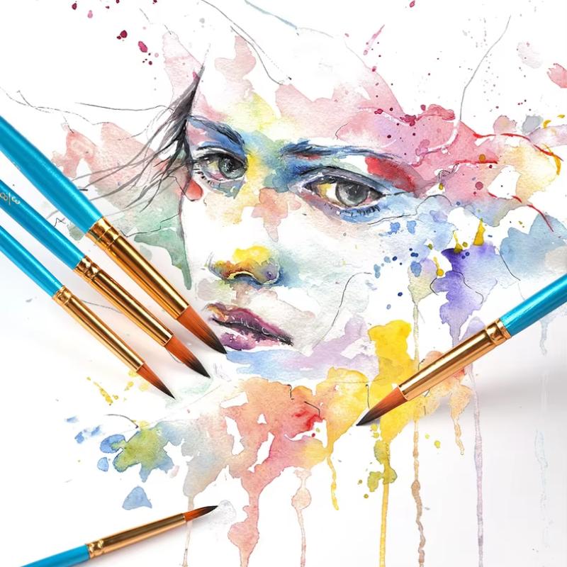 JOWOART 5 Pcs Set Watercolor Brush Pen Nib Round Head Blue Short Wood Nylon Hair Gouache Paint Brush Set Art Supplies for Painting