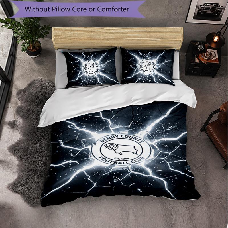 Derby County Football 3-teiliges Bettwäsche-Set Weiches Bettbezug-Set mit Kissenbezügen Bedrucktes Schlafzimmer-Deko-Set für Zuhause