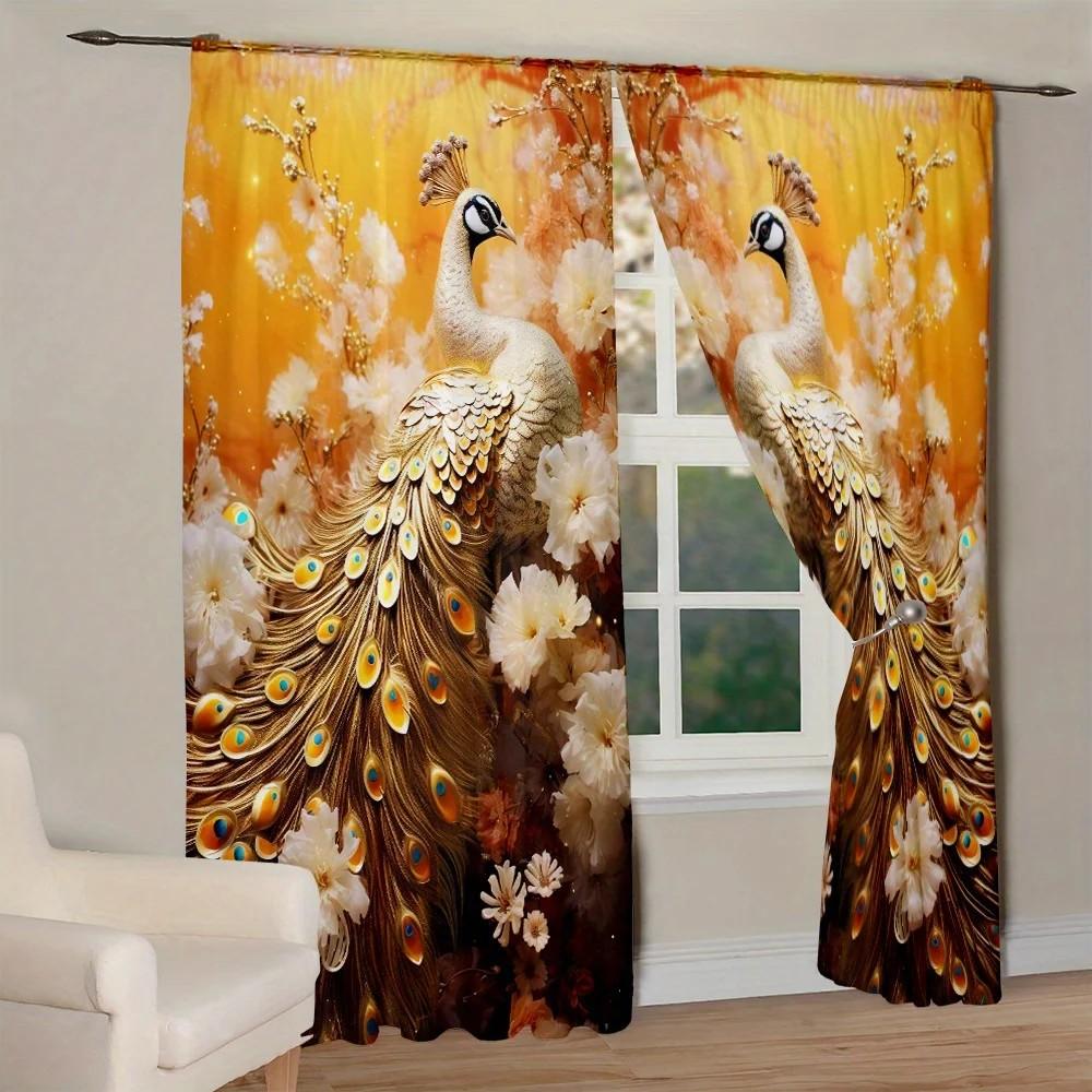 2pcs Elegant Floral Peacock Curtain   Room Darkening   Polyester   Home Decor   Holiday Window   Rod Pocket Curtain