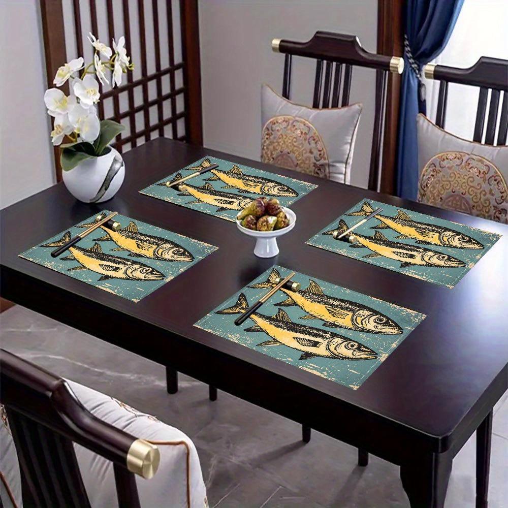 Set di 4 tovagliette danesi con incisioni su legno a forma di pesce, design vintage con sardine, 30x45 cm, eleganti tovagliette stampate per sala da pranzo, cucina e arredamento per la casa.
