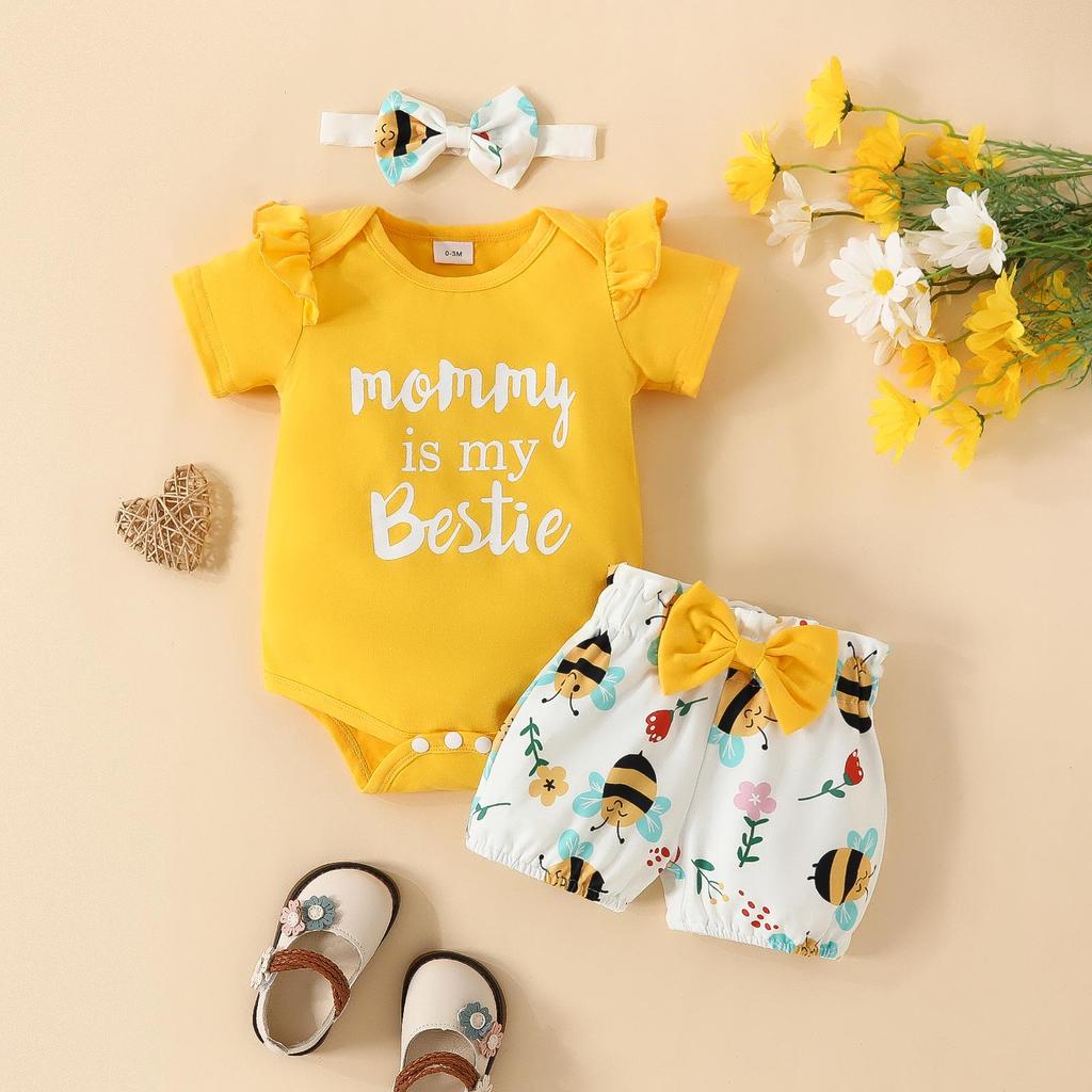 Baby Girl Summer Romper & Shorts Set - "Letter" Top with Belted Flower Pants