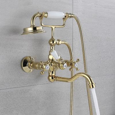 Grifo de Bañera de Baño Tuqiu Oro Cepillado + Juego de Ducha de Mano Oro Lujo Grifos Mezcladores de Bañera Montado en la Pared Latón