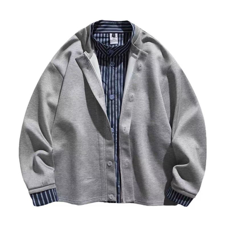 Japan Style Striped Fashion Spliced Hoodies Autumn New Single-breasted Men's Fake Two Pieces Casual Round Neck Loose Sweatshirts