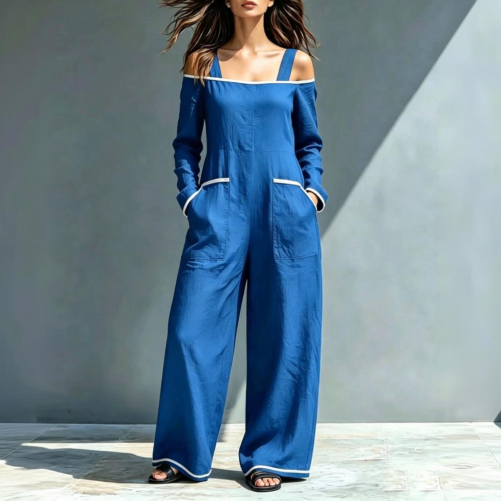 Women's One-Shoulder Color-Block Suspender Jumpsuit with Pockets, Loose Fit Wide Leg Floor-Length