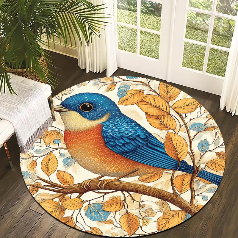 

Blue Bird & Autumn Leaves Flannel-printed round floor mats are slip-resistant Suitable for living bedroom terrace garden carpets 60cm
