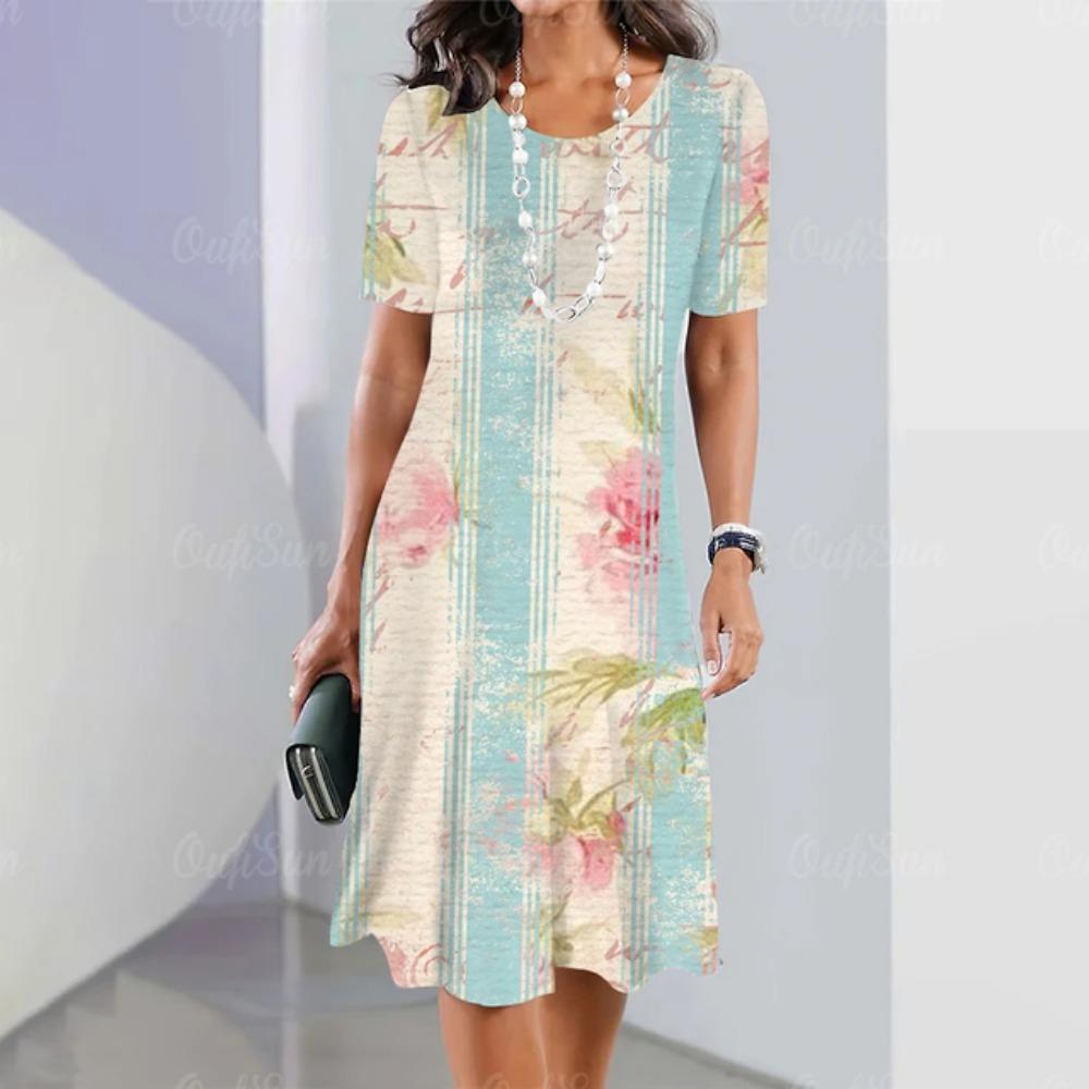 Letnie luźne i eleganckie ubrania damskie Kwiecista sukienka z krótkim rękawem Sukienka na imprezę wieczorową Okrągły dekolt Sweter Ubrania uliczne