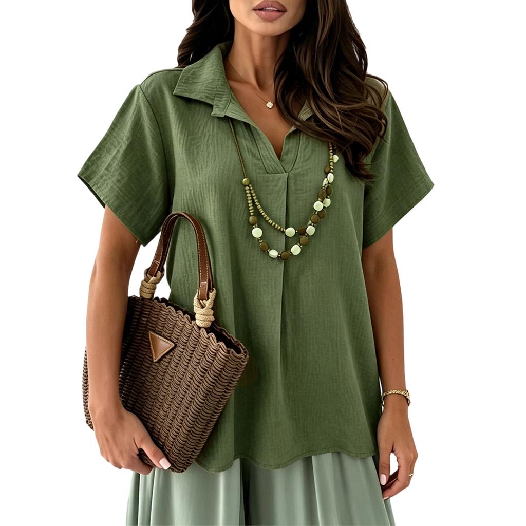 Women's Short Sleeve Shirt Loose Fit V Neck Collared Blouse Casual Wrinkled Texture Summer Top