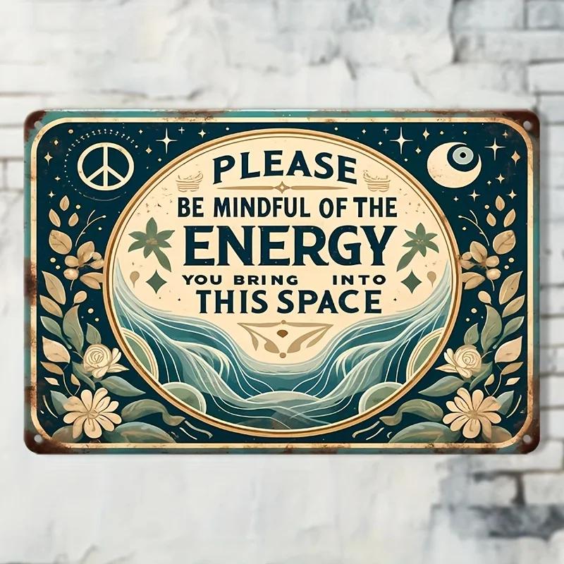 1PC Retro Chic, Vintage 'Please Bring Energy To This Space' Tin Sign - Perfect For Home, Cafe, Bar, Garage & Outdoor Decor