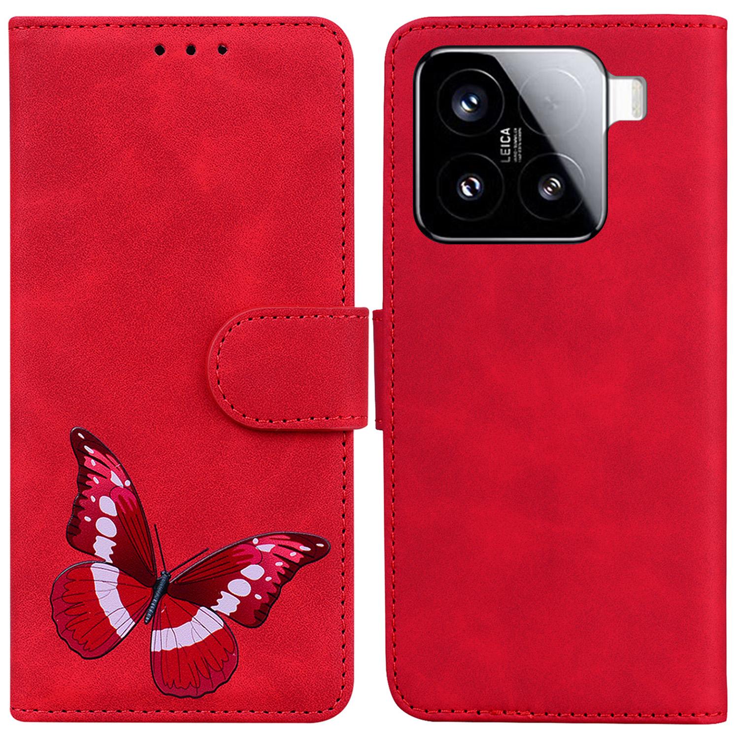 

For Xiaomi 15 Stand Case PU Leather Phone Cover Butterfly Printed Red