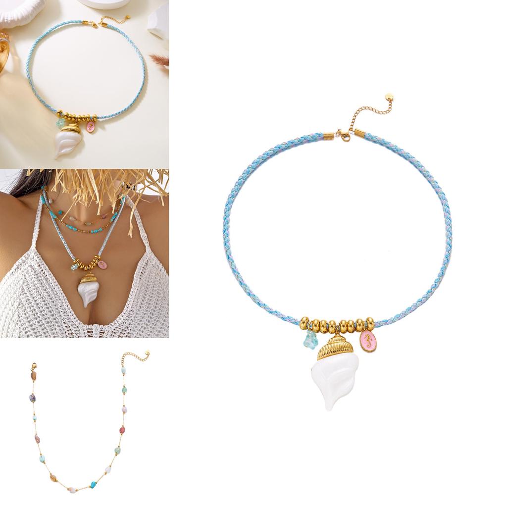 Bohemian Turquoise Shell Pendant Necklace With Stainless Steel Chain For Summer Vacation Style