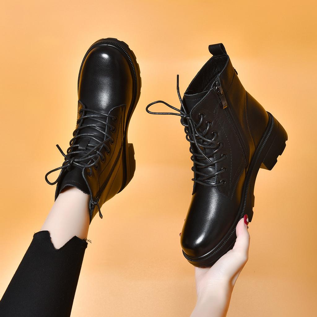 Round head Martin boots women's lace-up short boots basic first-layer cowhide women's cotton boots leather boots
