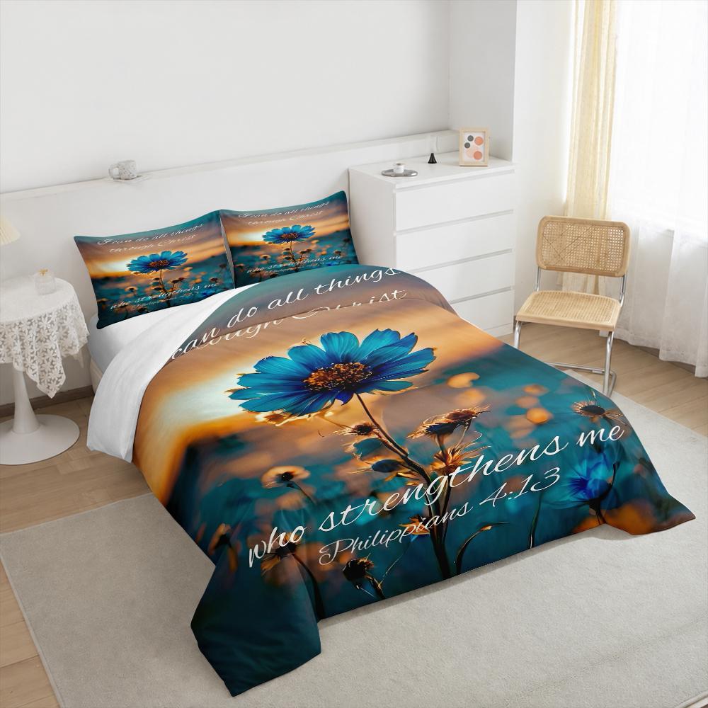 Blue Flower Sunset Bible Verse Bedding set (1 duvet cover, 2 pillowcases, duvet not included), Philippians 4:13 Christian Art Print