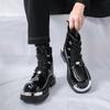 Men’s Thick Sole Platform Punk Patent Leather Boots Elevator Street Style Big Head Motorcycle Boots High Boots Plus Size