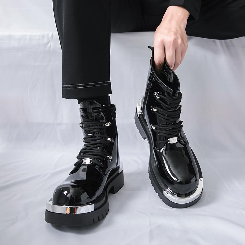 Men’s Thick Sole Platform Punk Patent Leather Boots Elevator Street Style Big Head Motorcycle Boots High Boots Plus Size