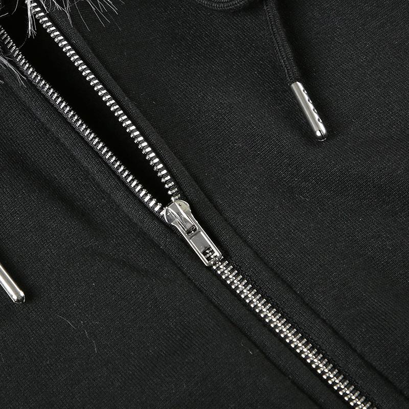 Gotické tmavé streetwearové mikiny s kapucňou, golier z umelej kožušiny, bundy s kapucňou na dvojitý zips, dámske ležérne vreckové gotické bundy Y2K Grunge jesenný kardigán