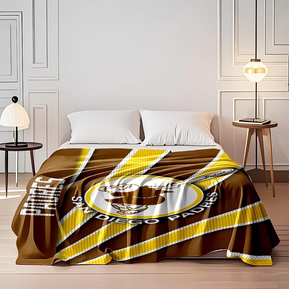 Retro design with yellow rays, brown background, and San Diego Padres logo. for all seasons blanket lunch break throw gift