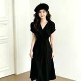 Summer elegant wind cross V-neck dignified lace-up bubble sleeve dress femininity waist A word medium and long dress
