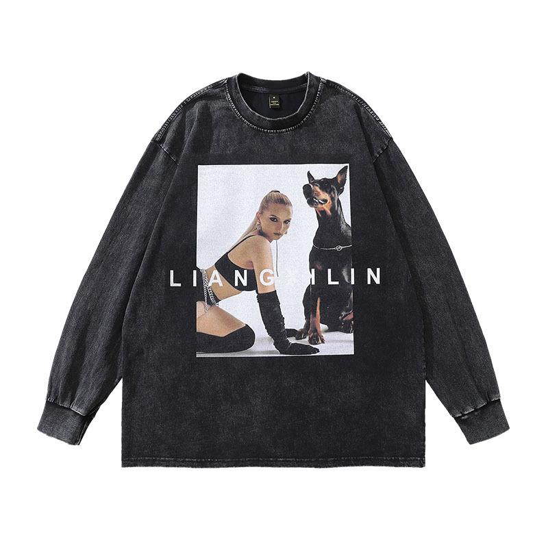 Trendy Brand American High Street Retro Doberman Direct Injection Printing Washed Long-Sleeved T-Shirt Men'S Loose Vintage Top