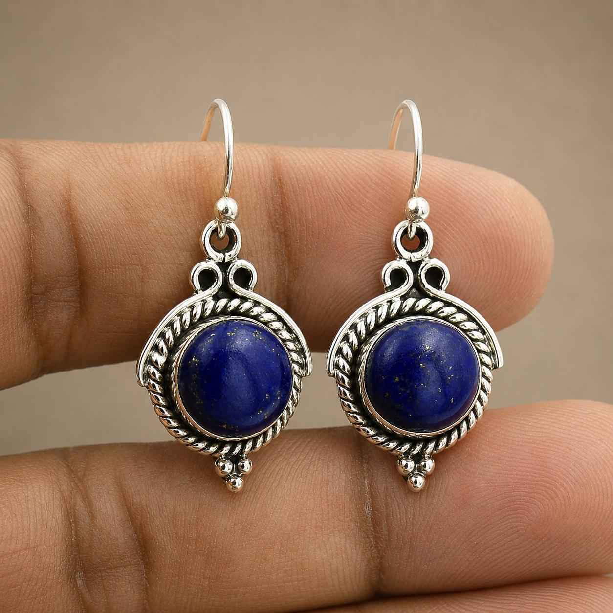 

Lapis Lazuli Earrings in 925 Sterling Silver, Handmade Boho Dangle Earrings, Blue Gemstone Oxidized Jewelry for Women серебряный