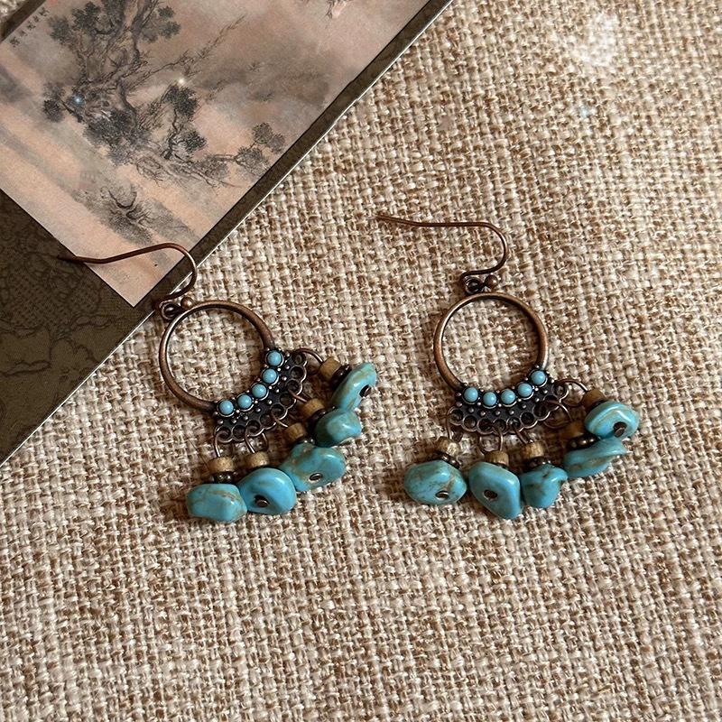 

Round irregular stone fringed ear hook retro ethnic style fashion earrings niche high-end design earrings women