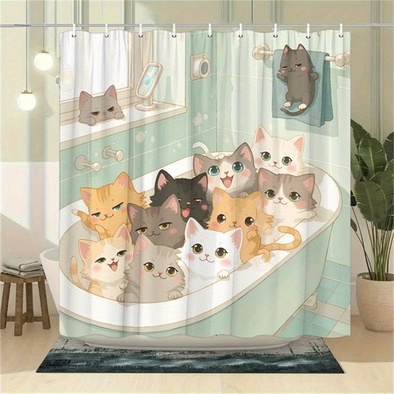 

Playful Cartoon Cat Shower Curtain - 12 Hooks, Nine Cats In Bathtub Design, Mint Green, Pastel Palette, 70.8X70.8 Inches W60H190(CM)-1 Pcs