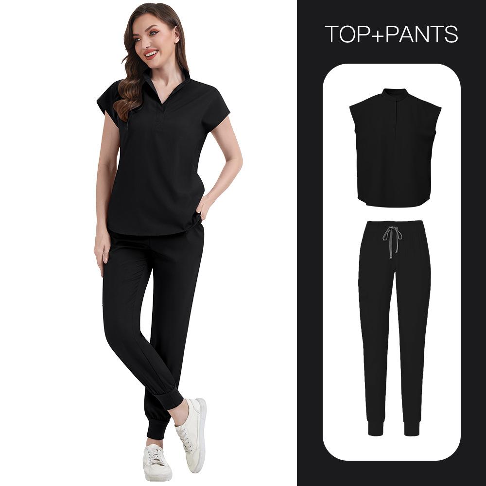 Women's Loose and Comfortable V-neck Short Sleeved Workwear with Multiple Pockets and Beauty Suit Set