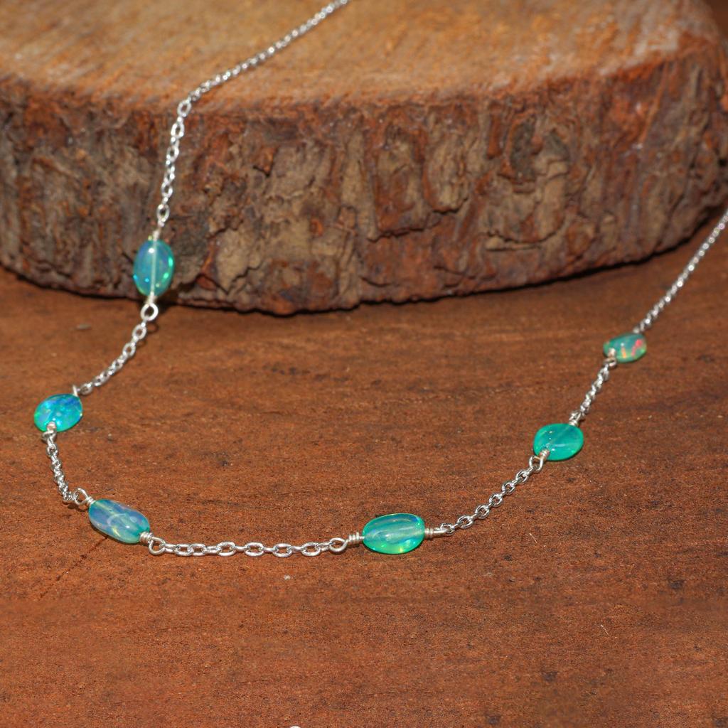 Collar de Cadena con Cuentas de Ópalo Verde Pulidas: Ópalo Etíope, Plata de Ley/Chapado en Oro
