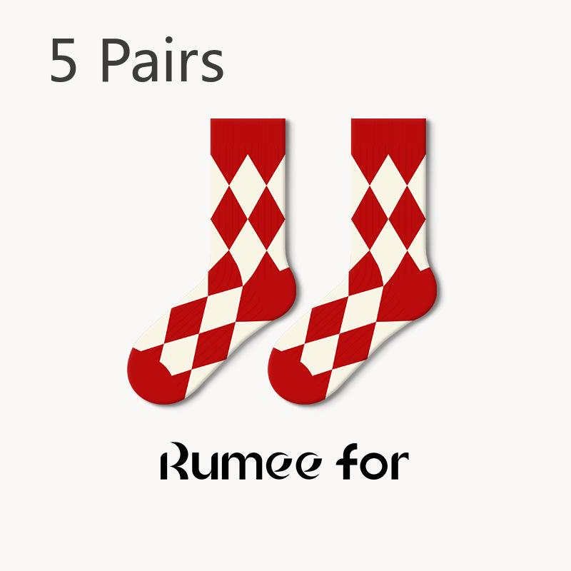 5 Pairs of Female Spring and Autumn Love Embroidery New Year Red Stockings