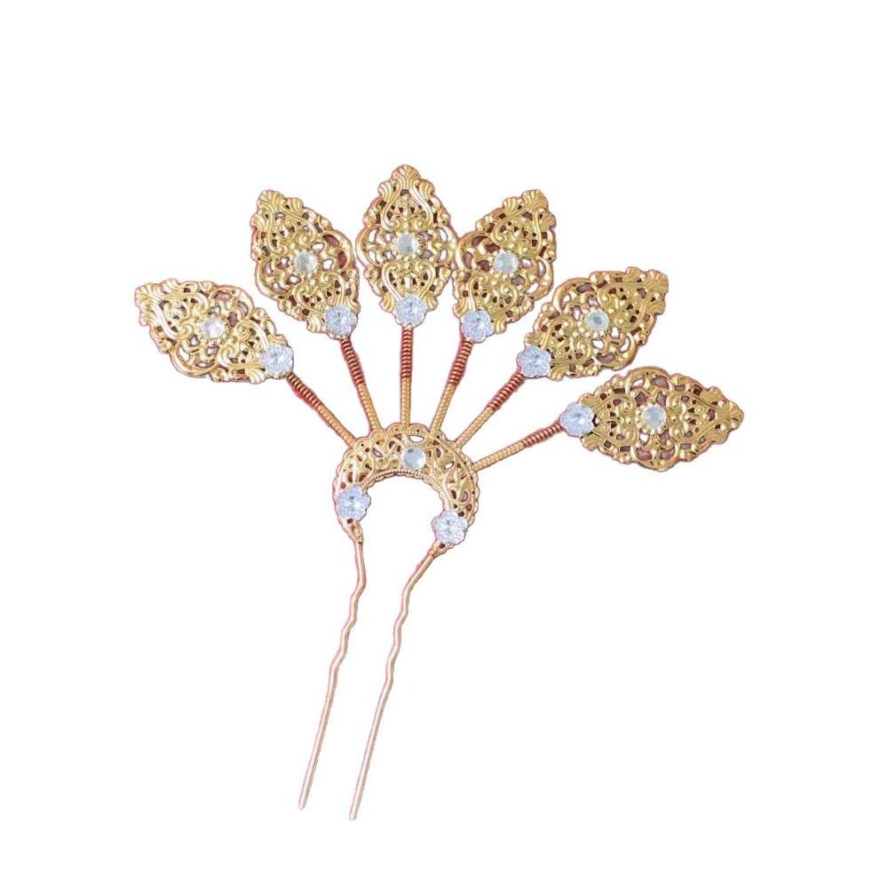 Rhinestone Thai Metal Leaves Hairpin Gold Ethnic Style Hair Accessories U-shaped Hair Fork  Daily
