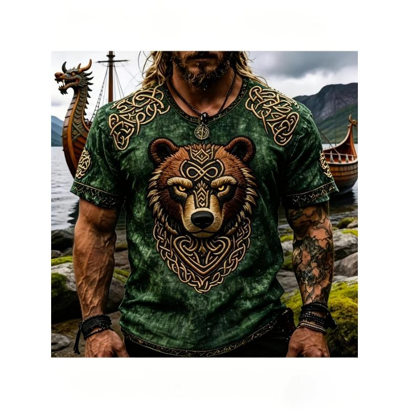 Retro street distressed men's T-shirt with Viking bear, Celtic knot, 3D printing, loose round-neck short sleeves