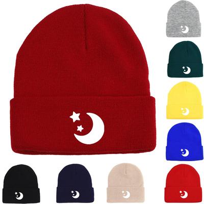 White Moon Stars Winter Knitted Hat Beanie, Skull Cap Cozy Cuff Simple Pompom Beanies Knit Cap Beanie