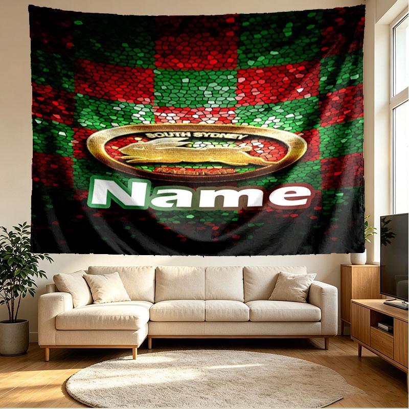 Custom Name Personalized South Sydney Rabbitohs Print Tapestry, Wall Art Decor, Bedroom, Dorm, Apartment, LivingRoom, Party Backdrop, Gift for Birthda
