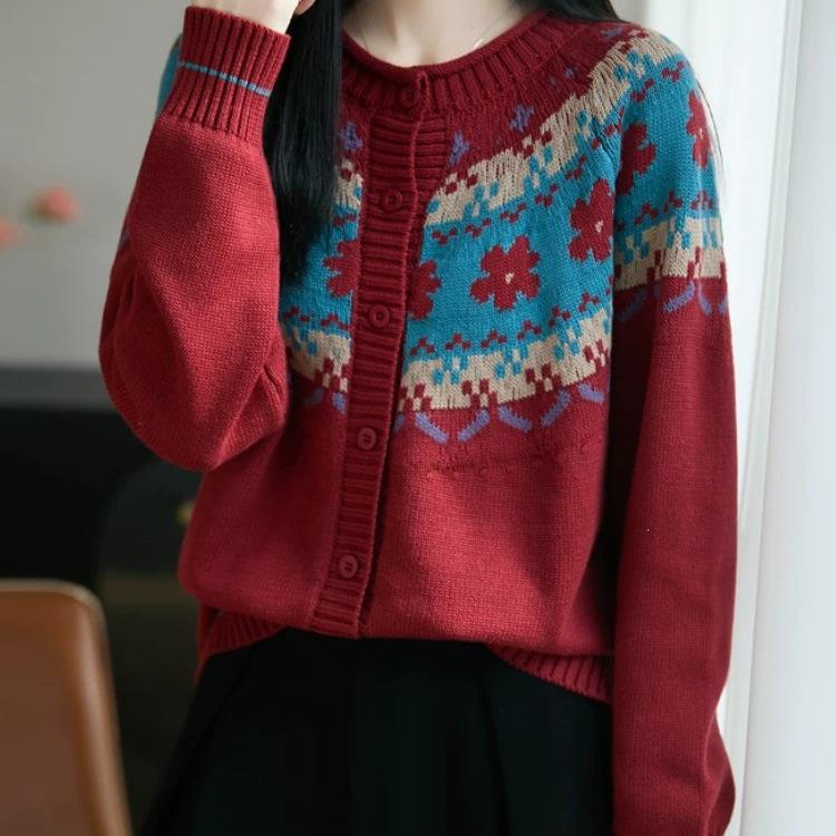 Women's Retro Fair Isle Knit Cardigan - 2026 Spring/Autumn, Lazy Style Petite Outerwear Top