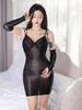 Sexy Oil Glossy Shiny Micro Mini Dress Backless Sheer See Through Elastic Bodycon Tight Pencil Dress Club Dance Wear With Glove