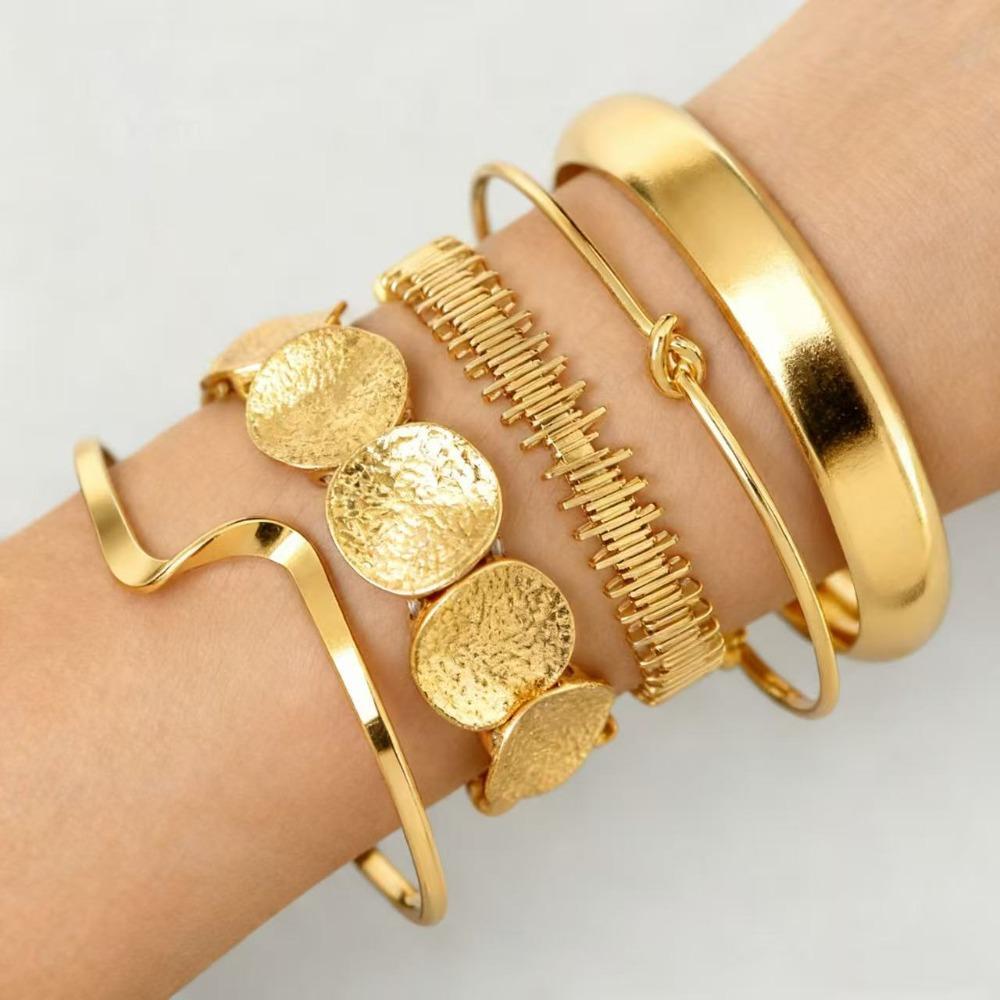 5Pcs/Set Gold Color Punk Geometry Multilayer Bangles Delicate Women's Hand Bracelet  for Women