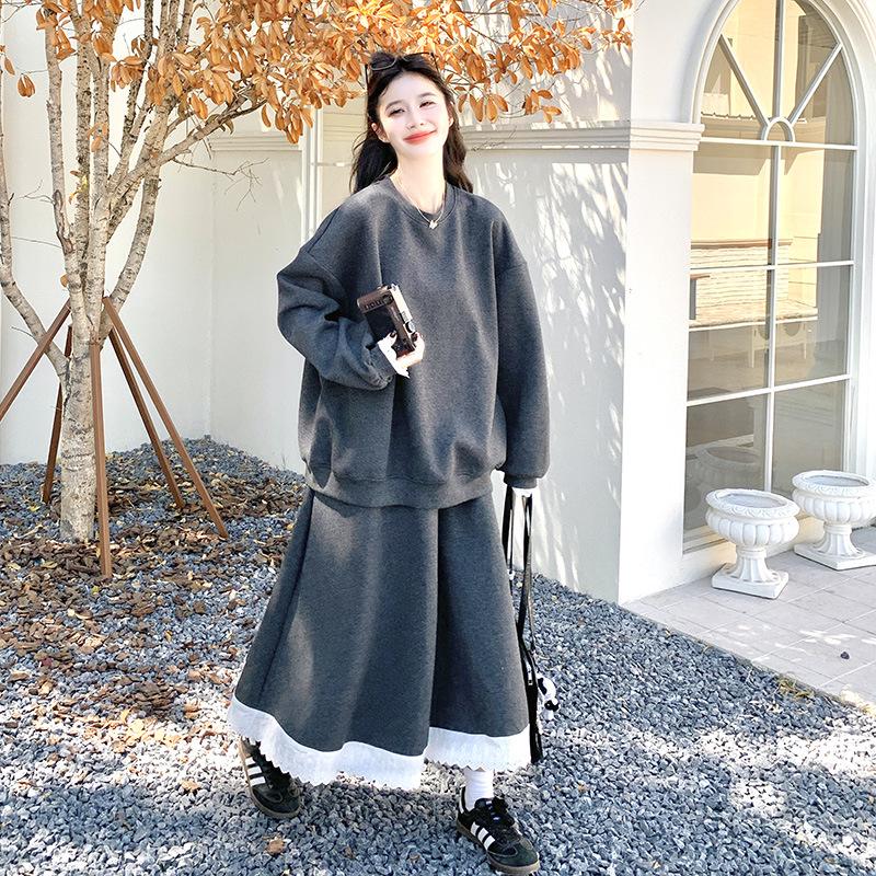 

Gray Korean-Style Lace Hoodie & Skirt Set - Casual Autumn Two-Piece Outfit 2025 S