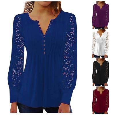 Women's Casual Solid Color Long-sleeved Lace Sleeve Pleated Button T-shirt