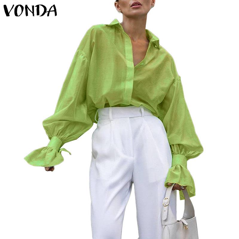 VONDA Women Lapel Neck Long Sleeve Semi-Sheer Thin Casual Shirts Blouse