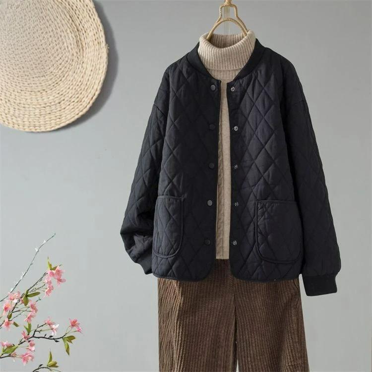 Quilted Jacket Women's Rhombic Winter Short Loose Fashion Solid Color Lightweight Cotton Coat