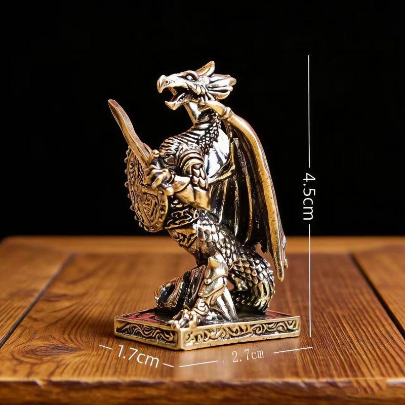Brass Dragon Warrior Figurine Vintage Armor Sword Shield Desktop Decor Metal Craft Home Office Creative Ornament Interesting