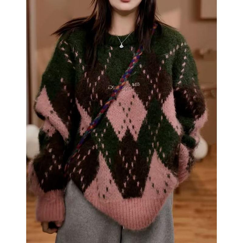 Autumn and Winter Vintage Print Pullovers Christmas Sweaters Women Fashion Loose O Neck Knitted Sweater Women Elegant Warm Casual Ladies Jumpers 25509