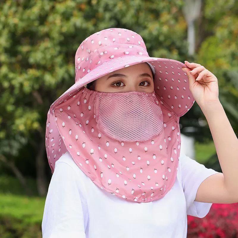 Wide Brim Foldable Shawl Hat Anti Uv Adjustable Integrated Face Mask Fisherman Hat Large Brim Sun Hat Tea Picking Hat Summer
