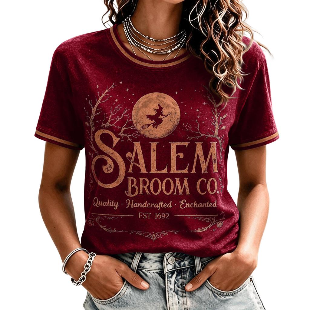 Women's Halloween Printed Neck Short Sleeve T-Shirt with Shoulder Fit