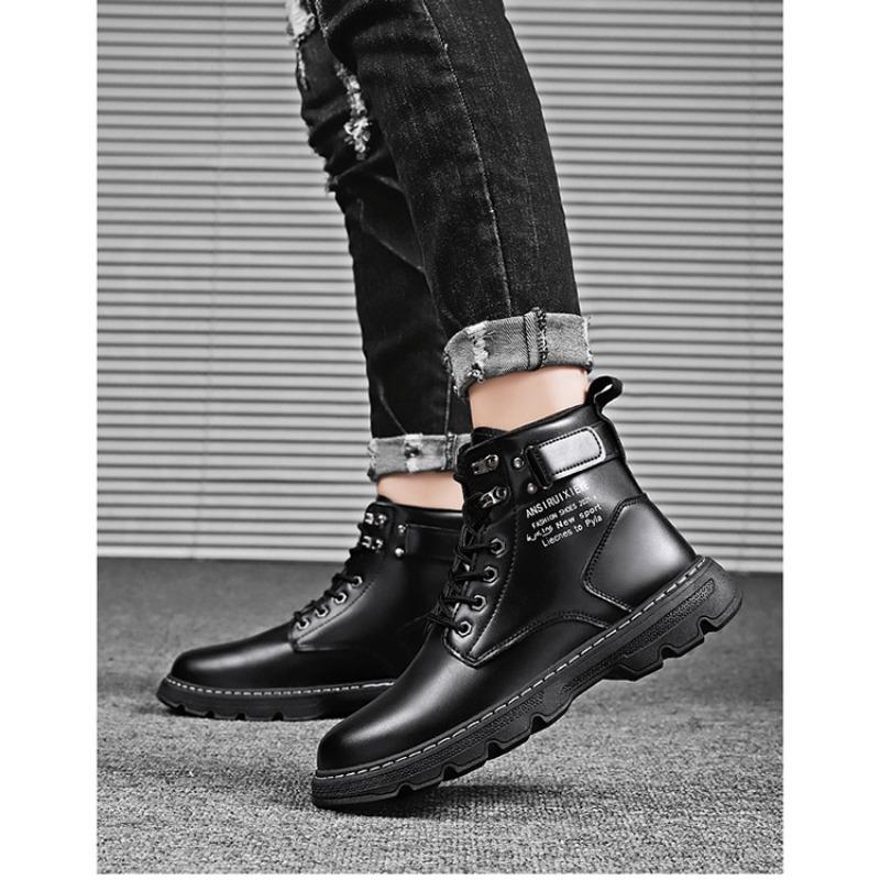 Men's Versatile Work Boots, Casual Shoes, Thick Soled Pure Black High Top Boots for Men