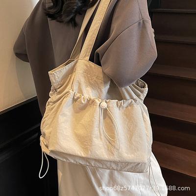 2025 New Large-capacity Drawstring Canvas Bag Casual Korean Version Women's Solid Color Daily Commuting Shoulder Tote Bag Women