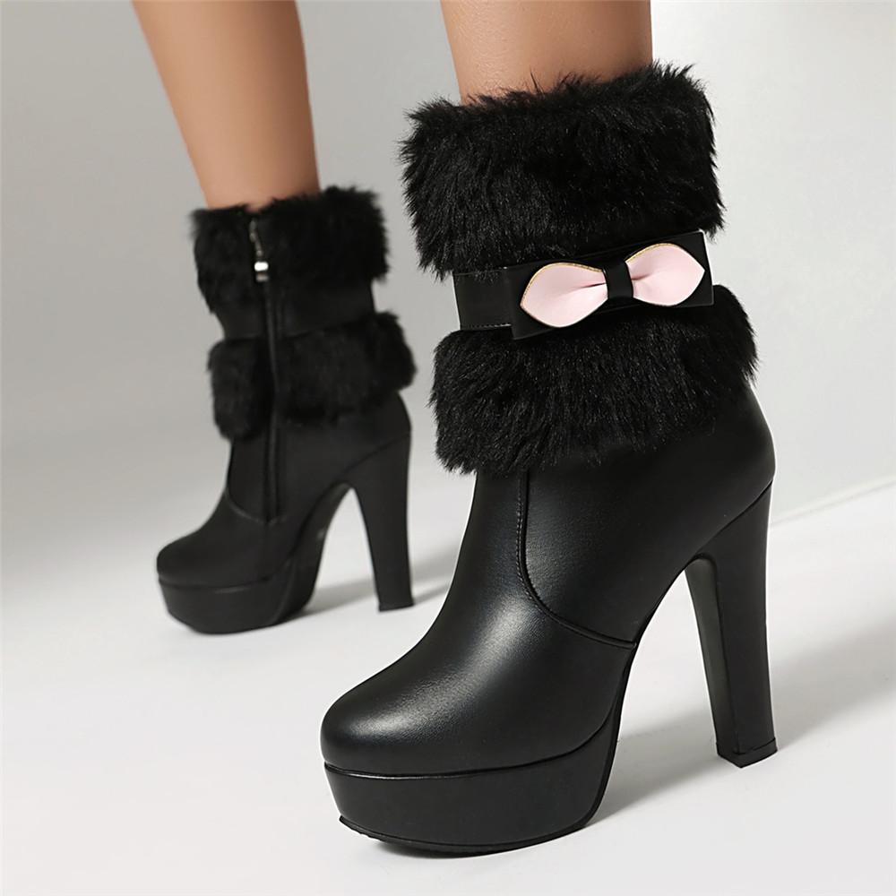 Fashion 2025 Winter Womens Fashion High Heel Boots White Black Fur Tassel Bowtie Lovely Lolita Ladies Party Wedding Shoes Size 35-43