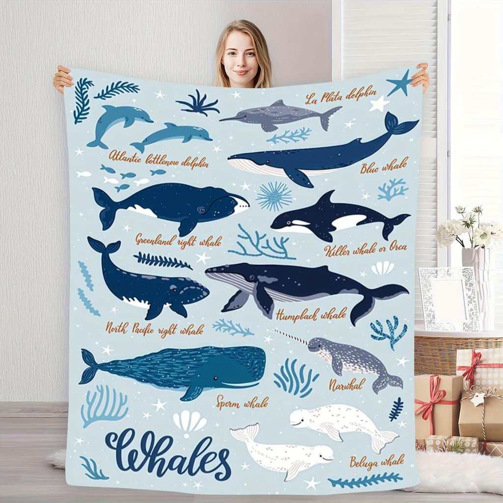 Ocean Whale Dolphin Flannel Blanket - Soft Warm and Cozy Blue Theme Blanket for Sofa/Bed/Travel, Perfect Gift, High Quality